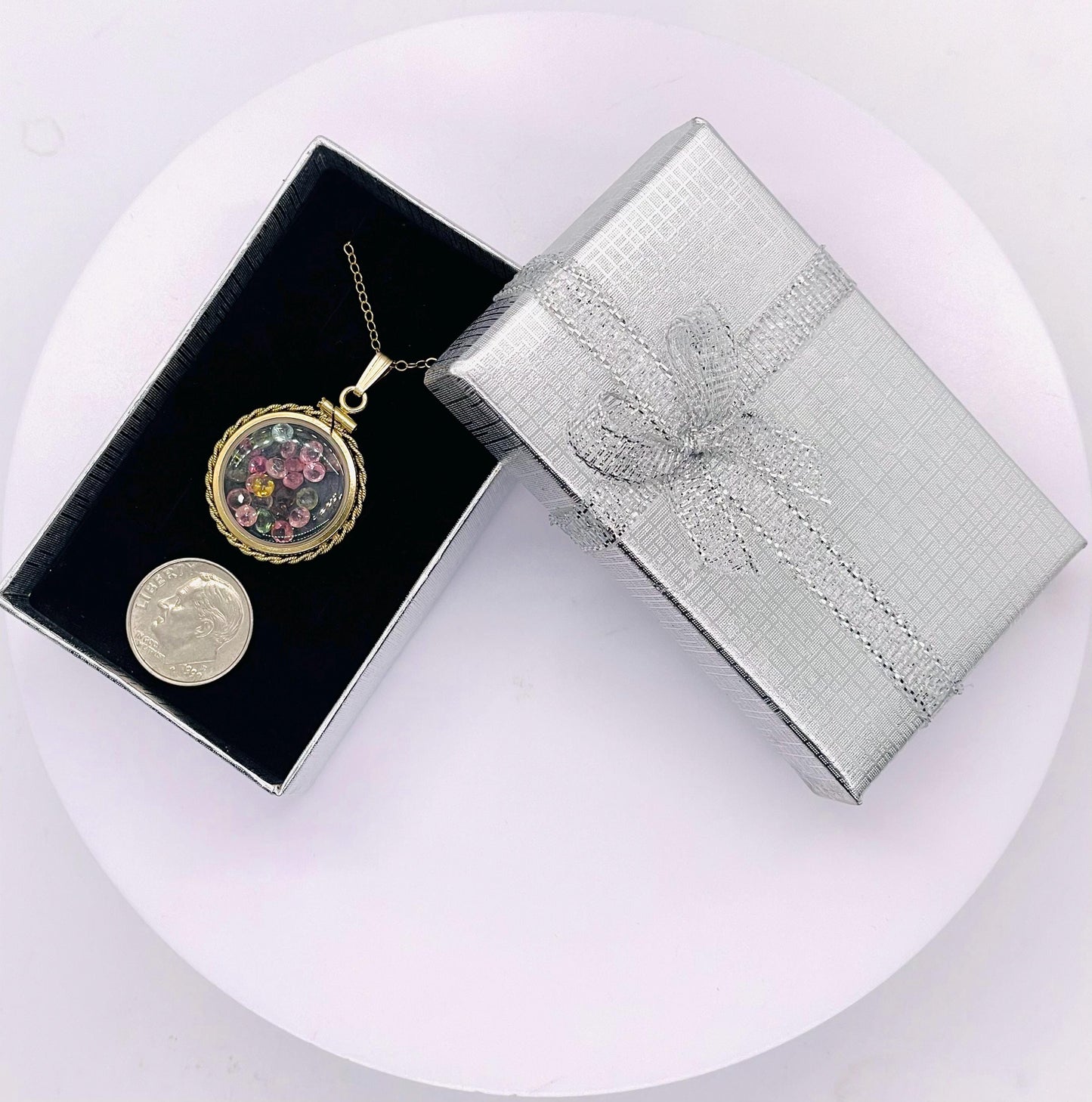Hand Made 20mm Nickel Size 14k Gold Filled Lucite Multi-Colored Tourmaline Shaker Locket With ROPE EDGE