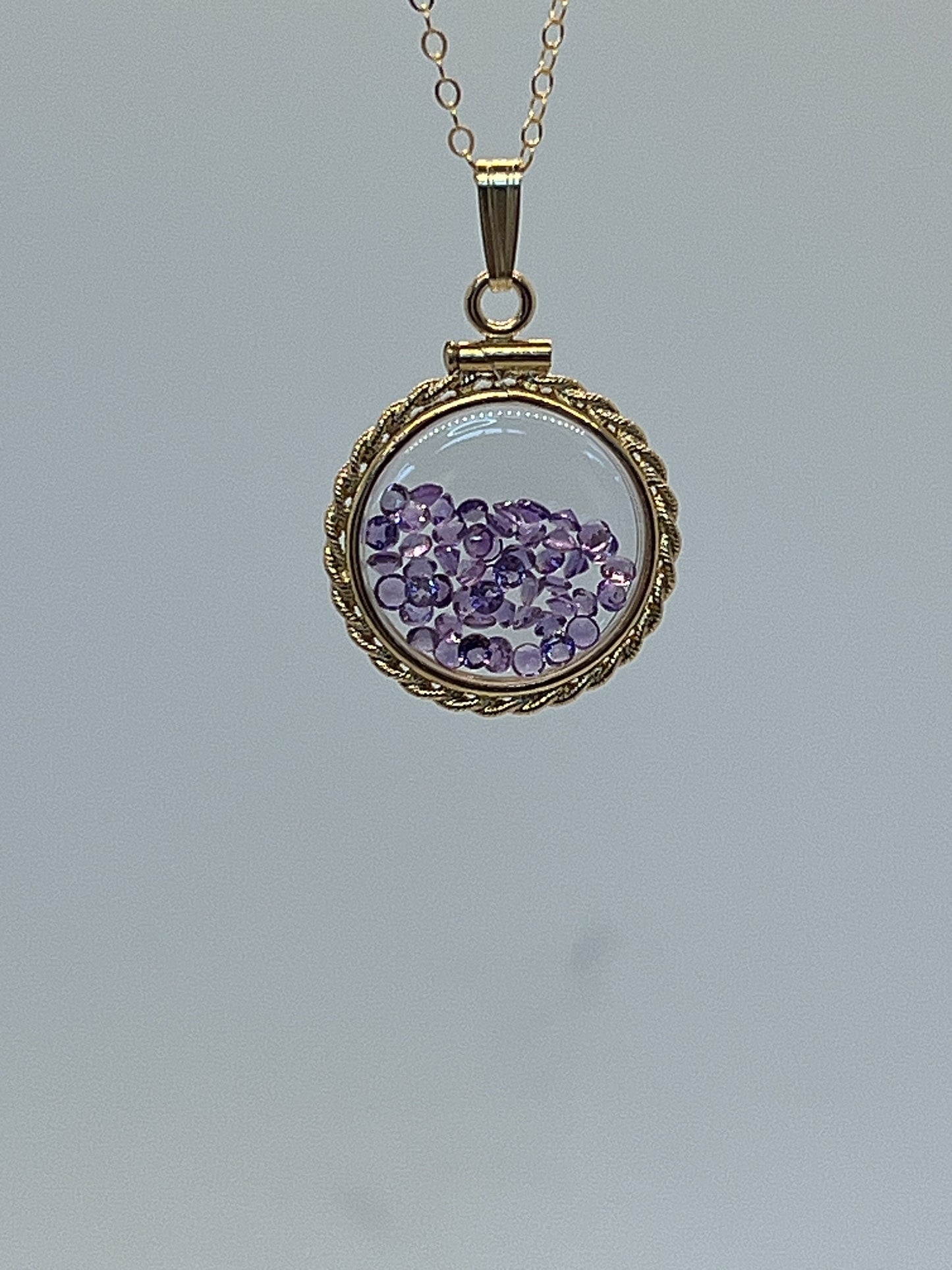 Hand Made 21 mm Nickel Size 14k Gold Filled Lucite Amethyst Shaker Locket With ROPE EDGE, February birthstone.