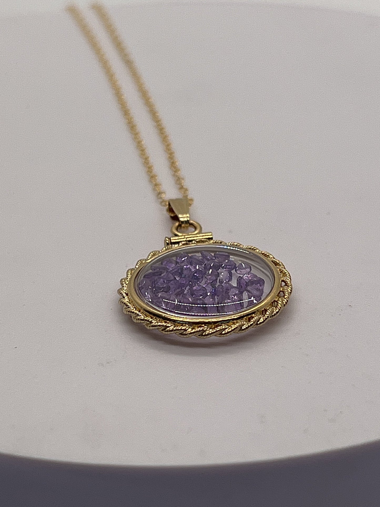 Hand Made 21 mm Nickel Size 14k Gold Filled Lucite Amethyst Shaker Locket With ROPE EDGE, February birthstone.