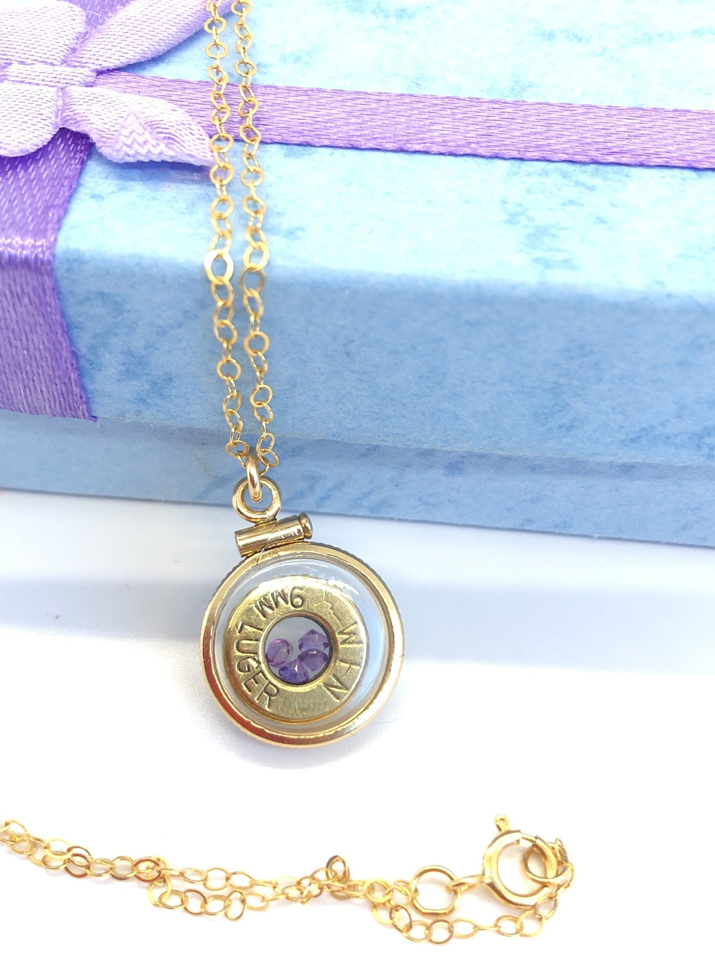 Handmade 14k gold filled 9mm bullet shaker locket, finished with 4 genuine Amethyst cut gems, February birthstone