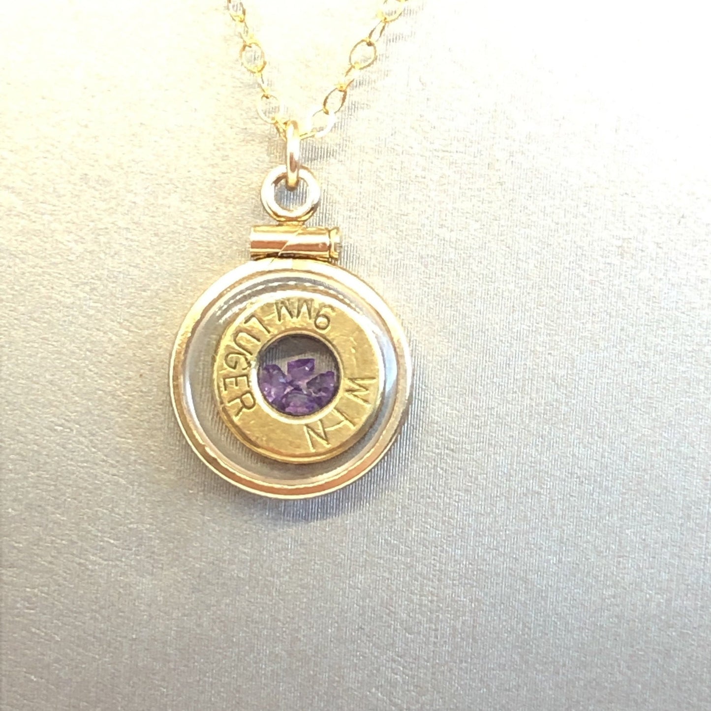 Handmade 14k gold filled 9mm bullet shaker locket, finished with 4 genuine Amethyst cut gems, February birthstone