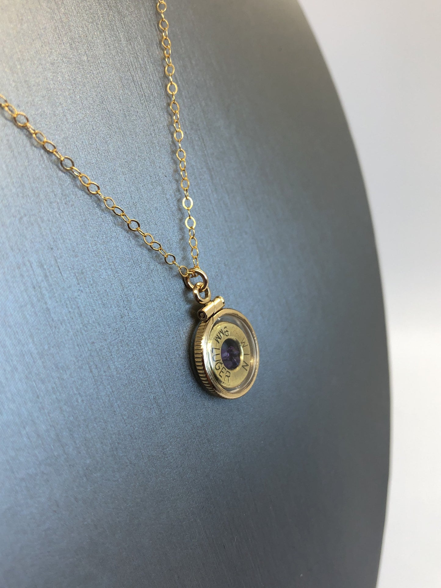 Handmade 14k gold filled 9mm bullet shaker locket, finished with 4 genuine Amethyst cut gems, February birthstone