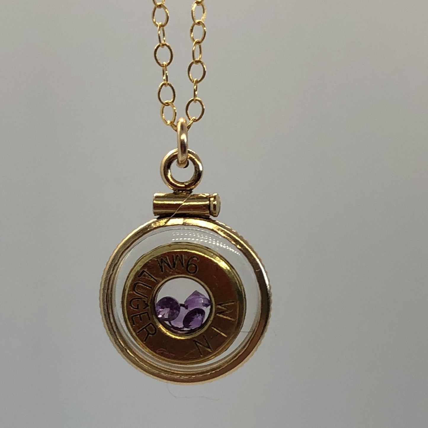 Handmade 14k gold filled 9mm bullet shaker locket, finished with 4 genuine Amethyst cut gems, February birthstone
