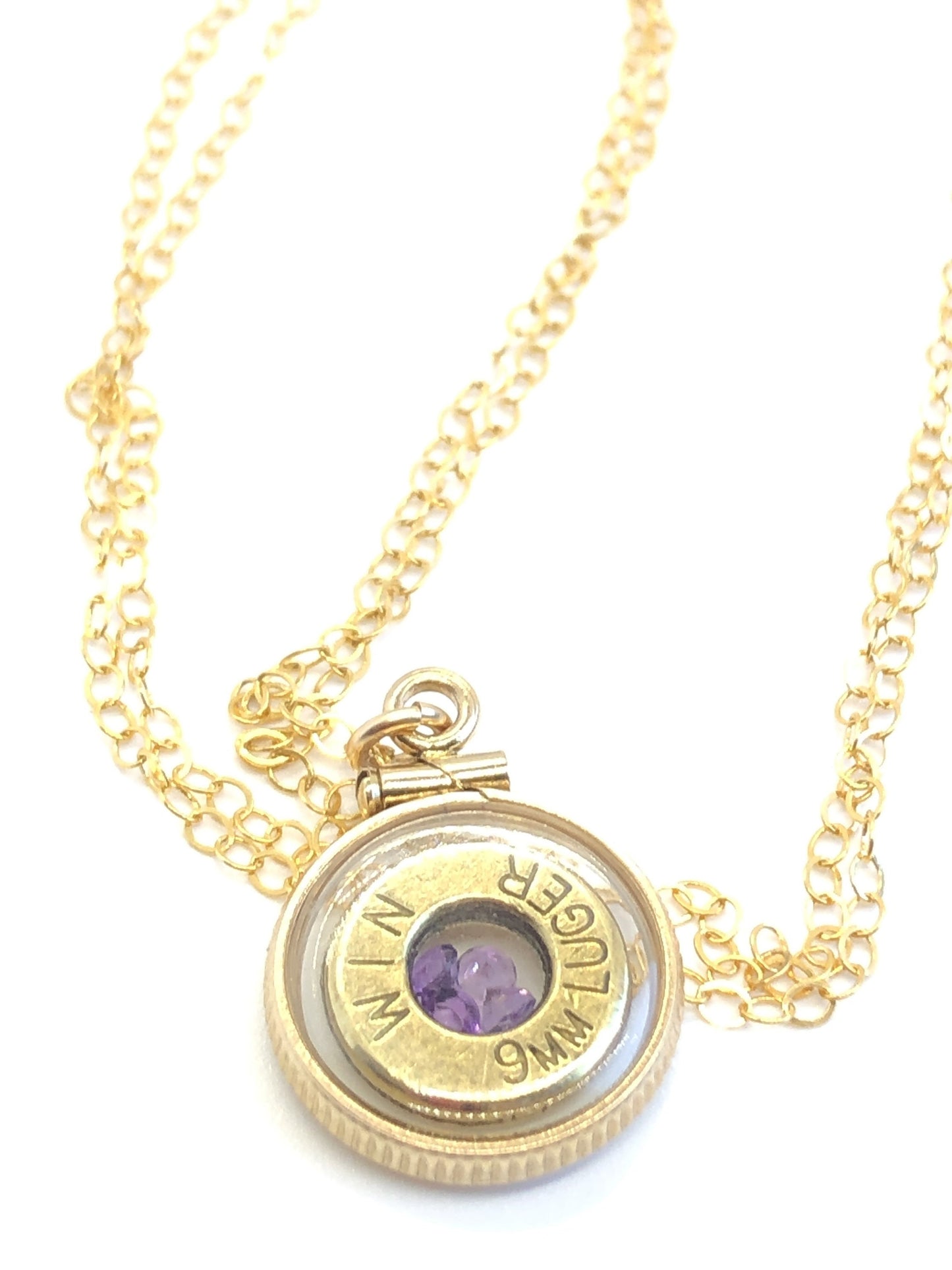 Handmade 14k gold filled 9mm bullet shaker locket, finished with 4 genuine Amethyst cut gems, February birthstone