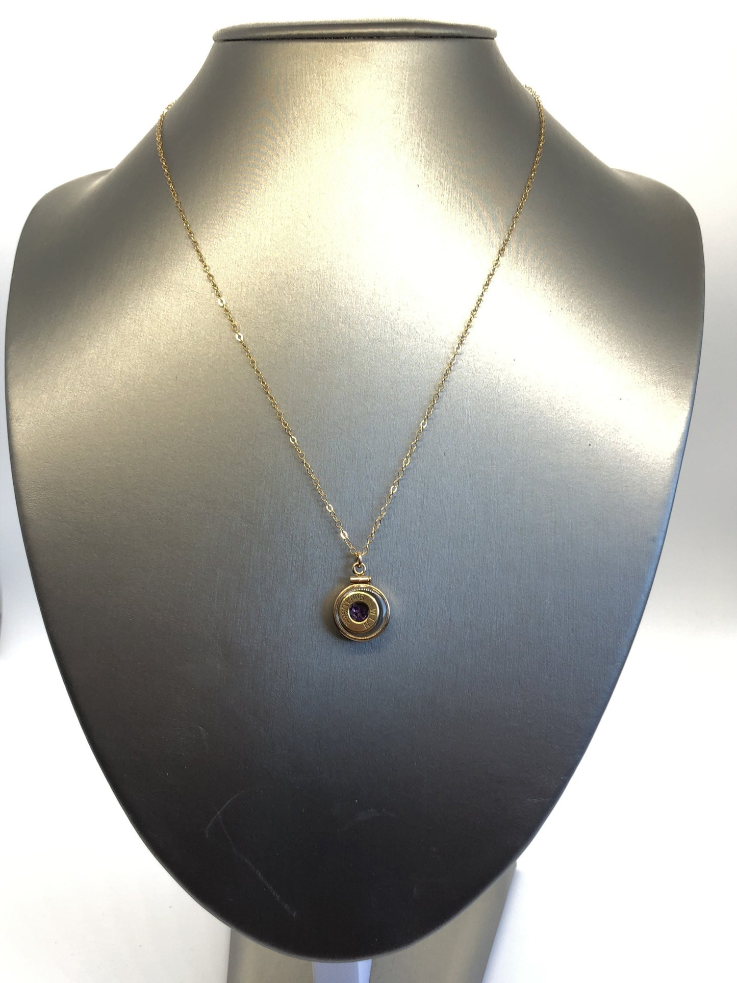 Handmade 14k gold filled 9mm bullet shaker locket, finished with 4 genuine Amethyst cut gems, February birthstone