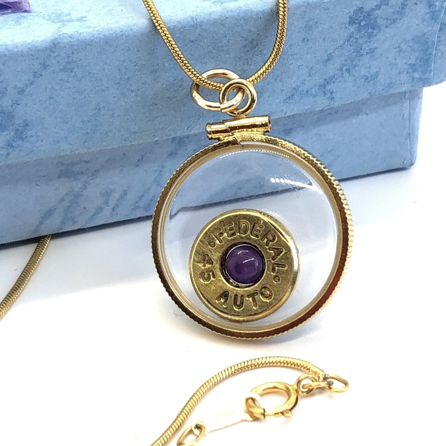 Winchester 45 cal. bullet necklace, back to back view locket, 14k gold filled locket-new with genuine floating Amethyst.