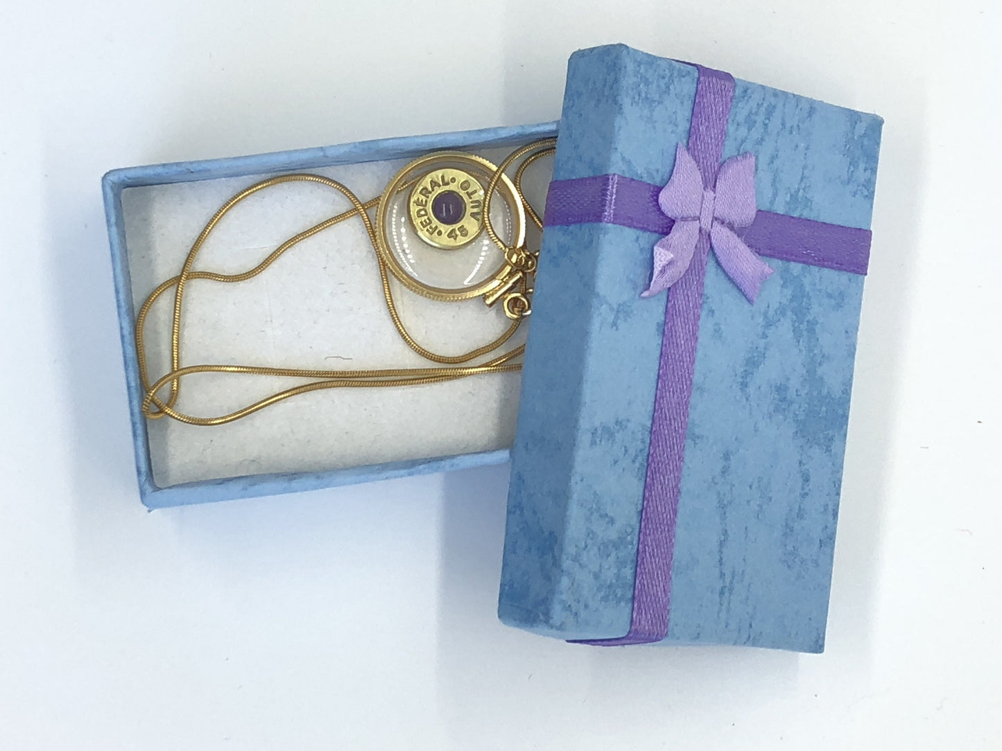 Winchester 45 cal. bullet necklace, back to back view locket, 14k gold filled locket-new with genuine floating Amethyst.