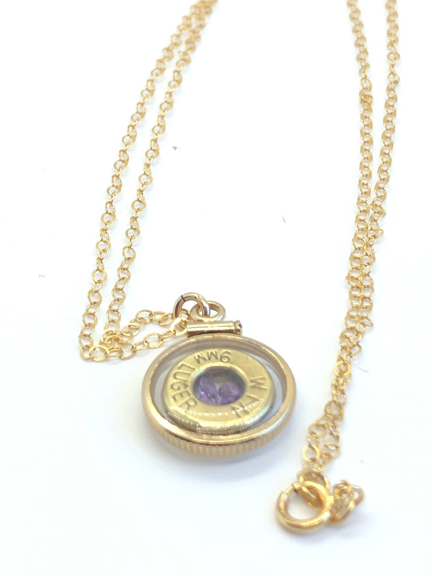 Handmade 14k gold filled 9mm bullet shaker locket, finished with 4 genuine Amethyst cut gems, February birthstone