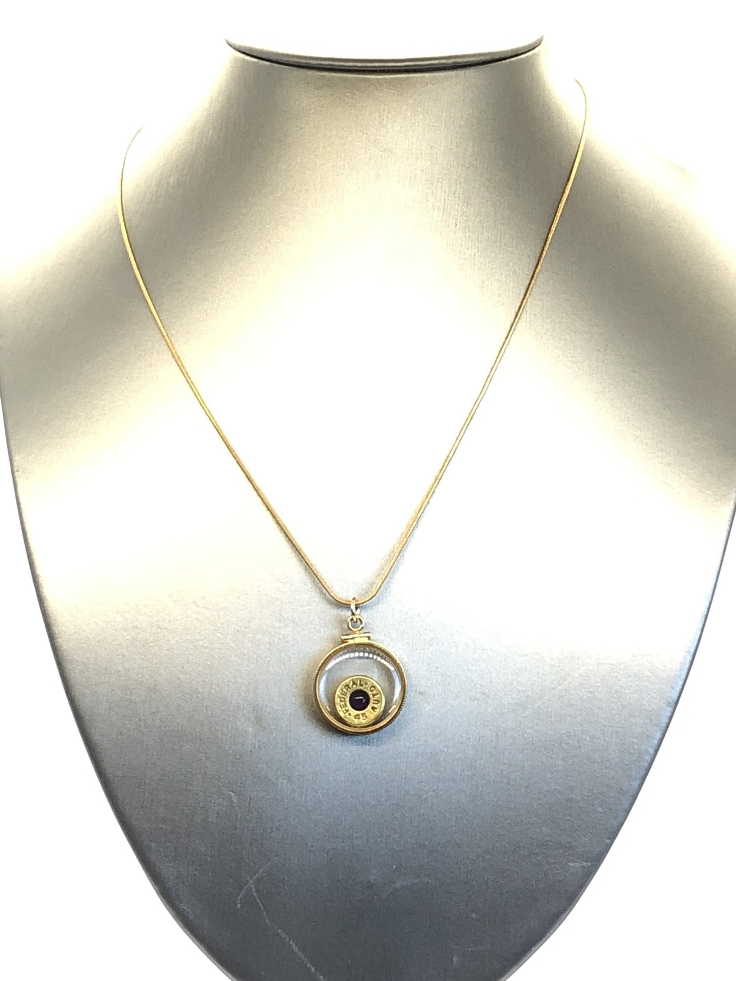 Winchester 45 cal. bullet necklace, back to back view locket, 14k gold filled locket-new with genuine floating Amethyst.