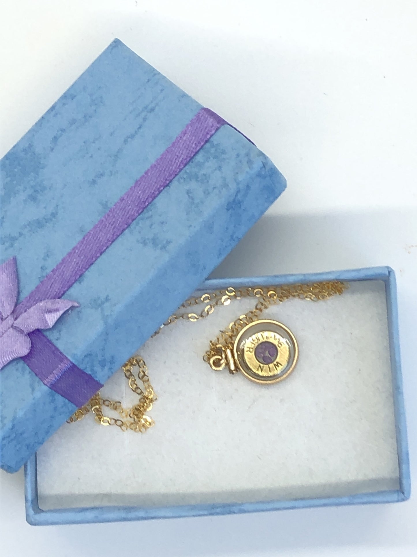 Handmade 14k gold filled 9mm bullet shaker locket, finished with 4 genuine Amethyst cut gems, February birthstone