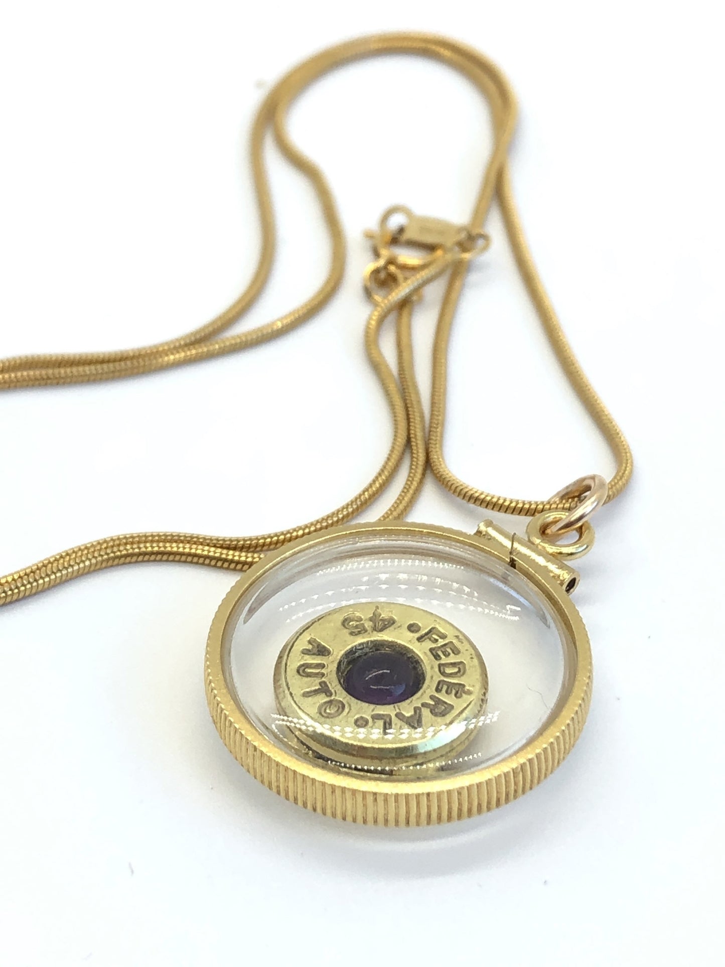 Winchester 45 cal. bullet necklace, back to back view locket, 14k gold filled locket-new with genuine floating Amethyst.