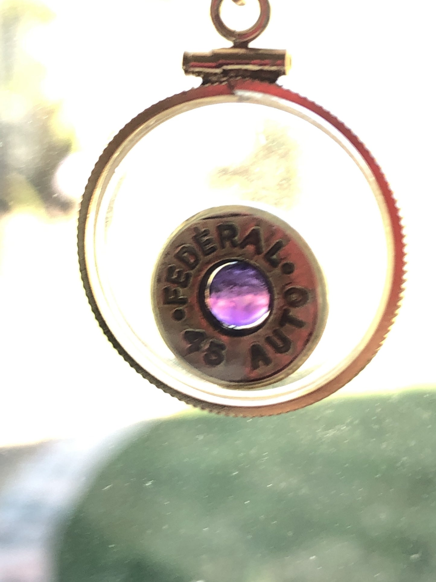 Winchester 45 cal. bullet necklace, back to back view locket, 14k gold filled locket-new with genuine floating Amethyst.