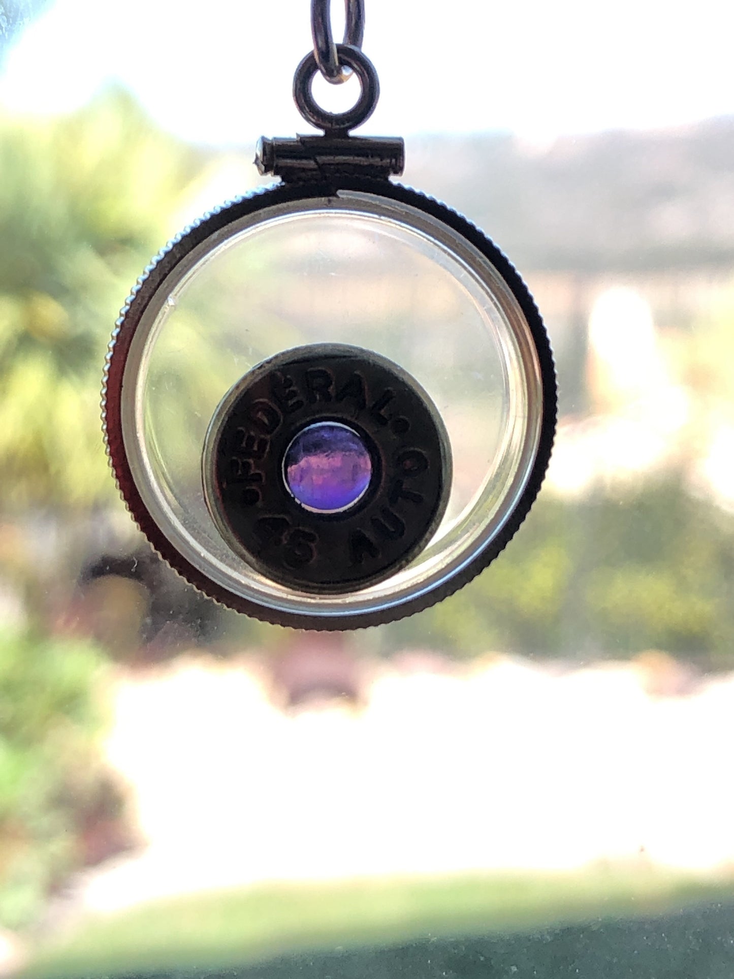Winchester 45 cal. bullet necklace, back to back view locket, 14k gold filled locket-new with genuine floating Amethyst.