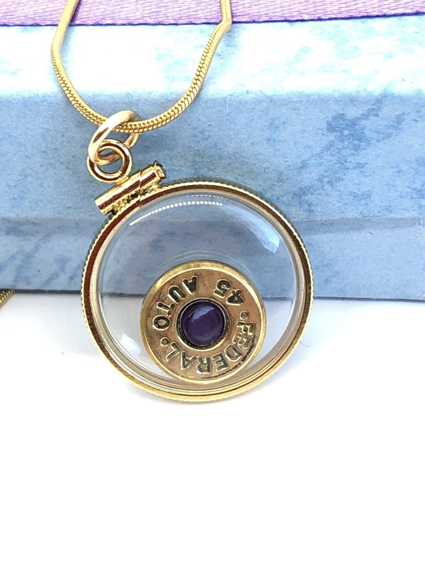 Winchester 45 cal. bullet necklace, back to back view locket, 14k gold filled locket-new with genuine floating Amethyst.