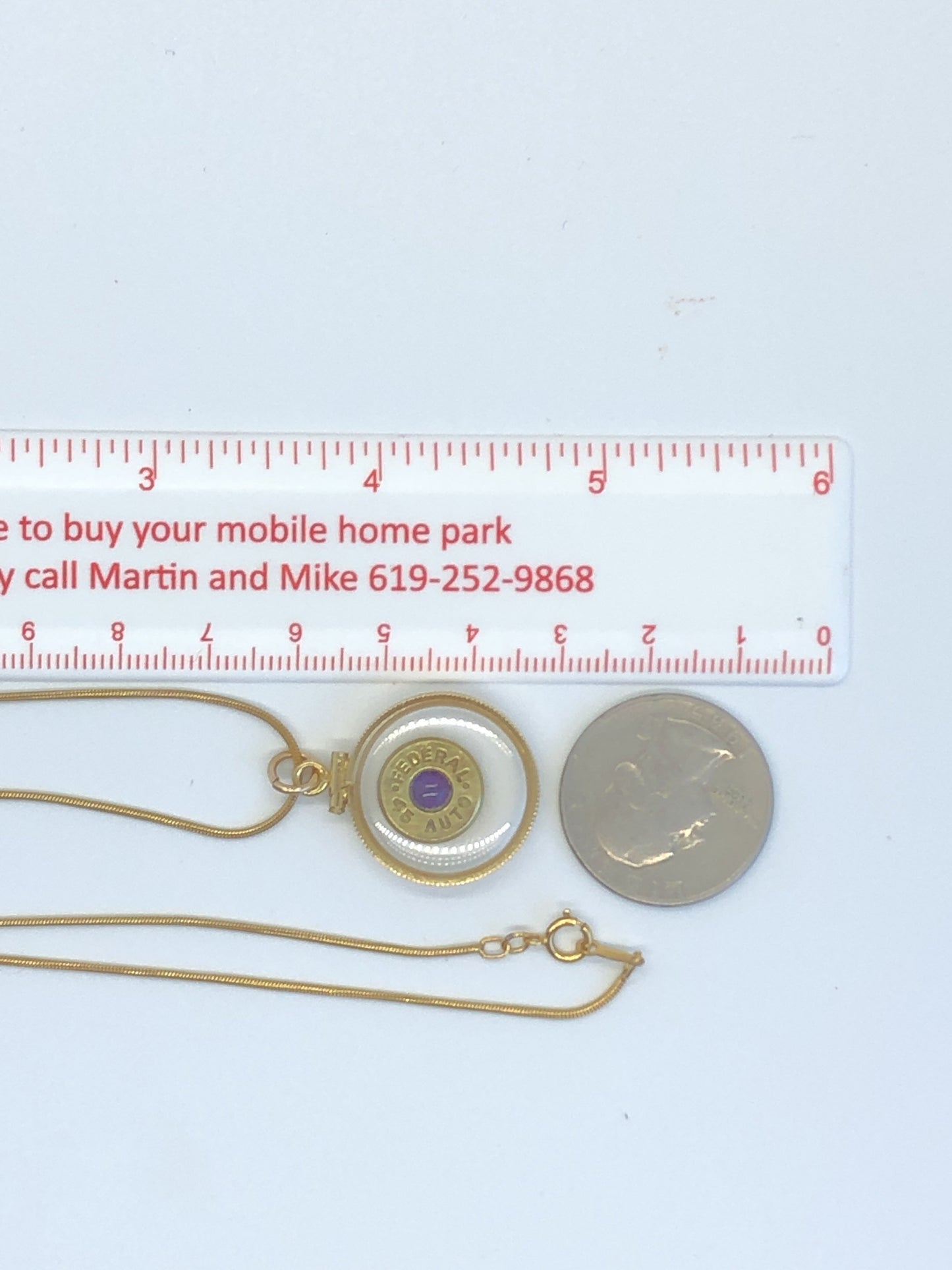 Winchester 45 cal. bullet necklace, back to back view locket, 14k gold filled locket-new with genuine floating Amethyst.