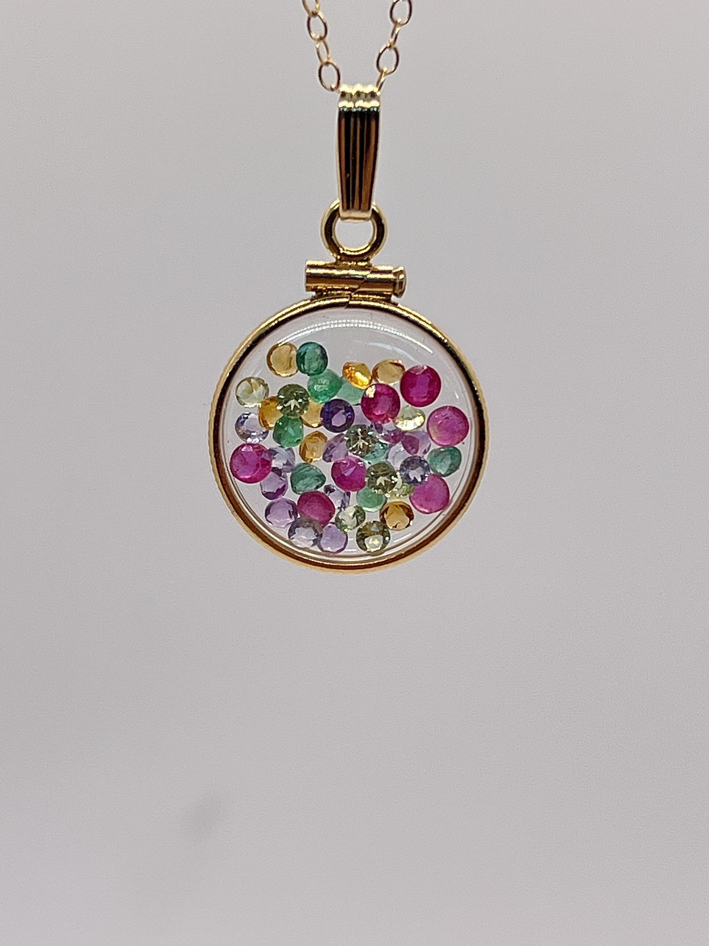 14k Solid Gold Handmade Dime size ruby, tanzanite, amethyst, emerald, peridot, citrine shaker locket Artistic series, beautiful mix