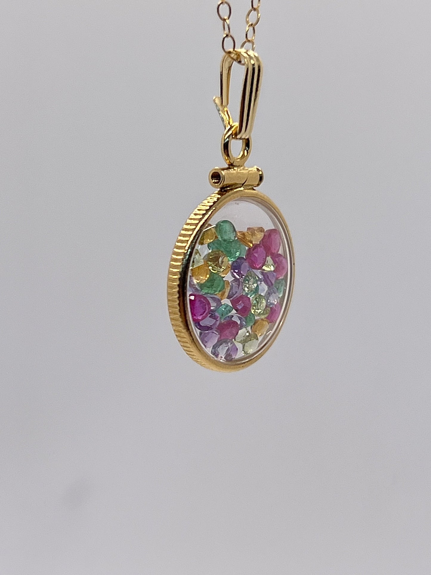 14k Solid Gold Handmade Dime size ruby, tanzanite, amethyst, emerald, peridot, citrine shaker locket Artistic series, beautiful mix