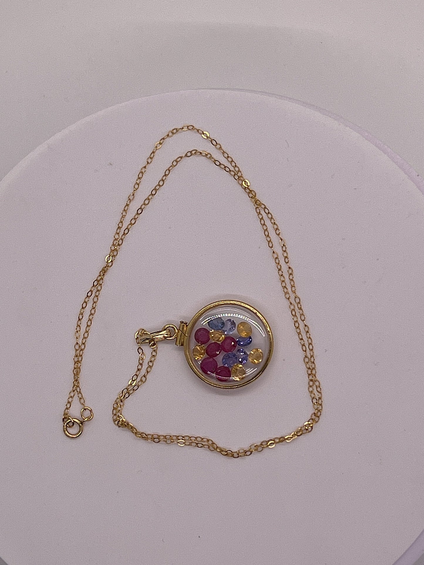 14k Solid Gold Handmade Dime size ruby, tanzanite, amethyst, emerald, peridot, citrine shaker locket Artistic series, beautiful mix