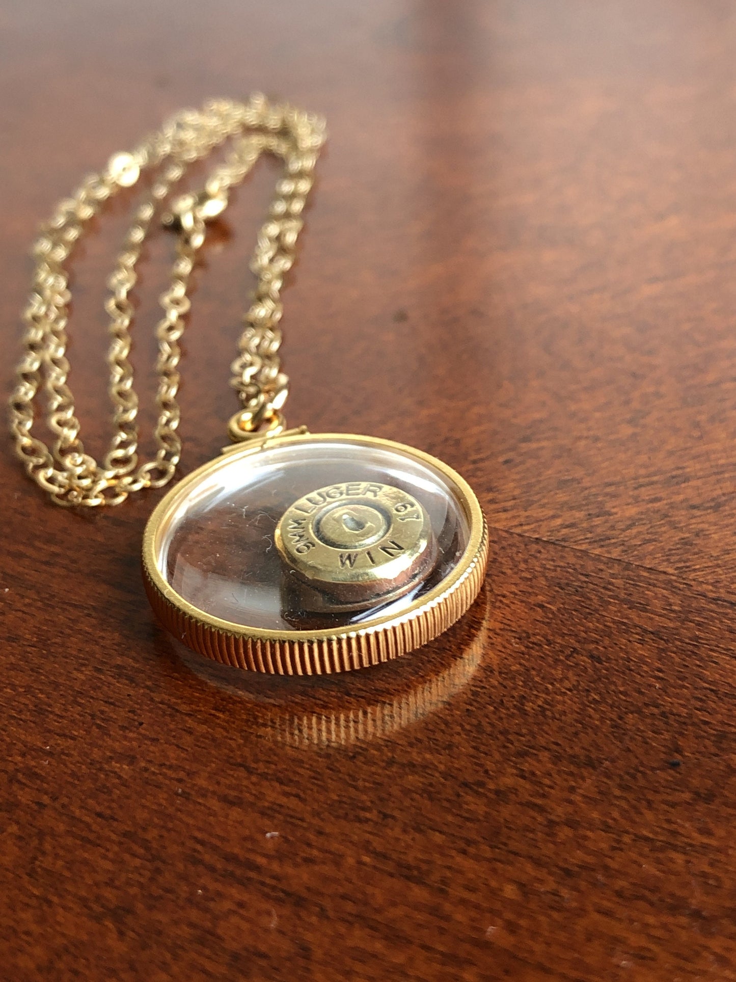 9mm bullet necklace, back to back view locket, 14k gold filled locket-new