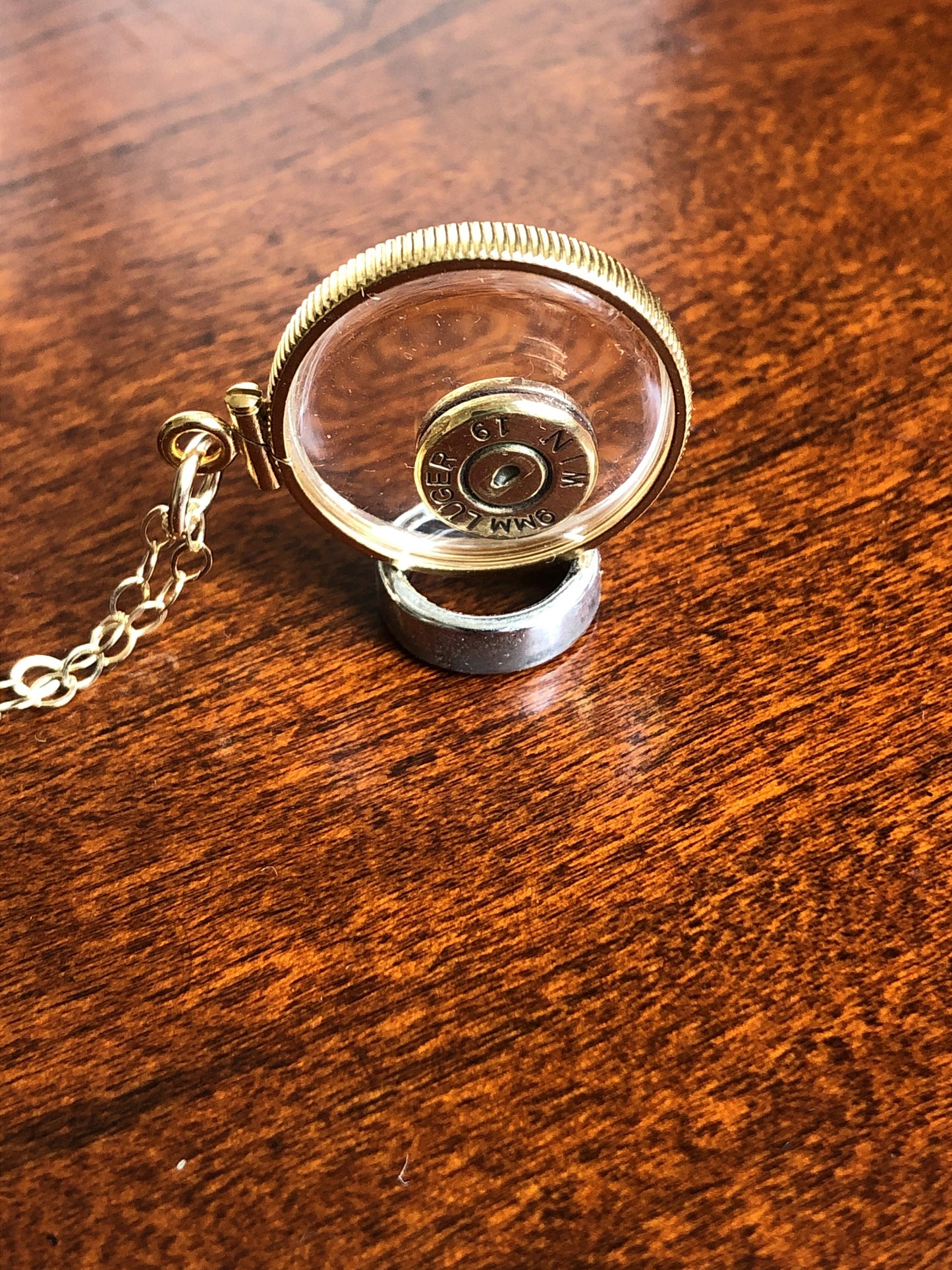 9mm bullet necklace, back to back view locket, 14k gold filled locket-new