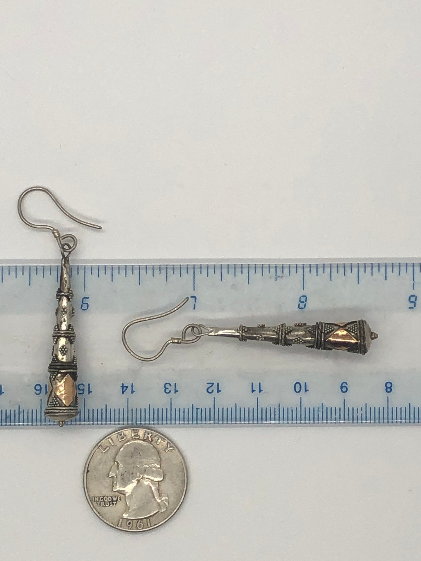 Vintage Hand made Indonesian Sterling Silver with Gold Wash Earrings, Large, new old stock, Ornate