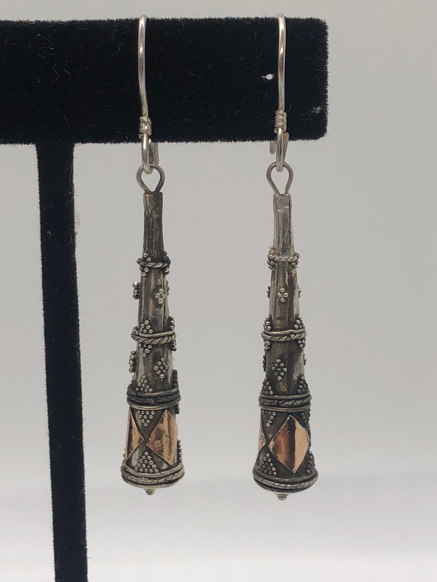 Vintage Hand made Indonesian Sterling Silver with Gold Wash Earrings, Large, new old stock, Ornate