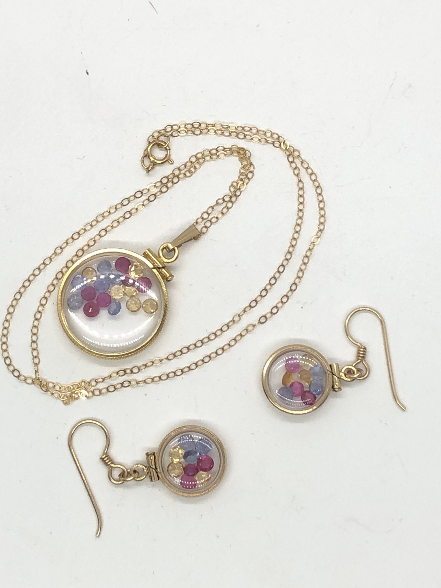 14k gold filled handmade Ruby, Tanzanite, Citrine Shaker Locket and shaker locket earring Set, candy