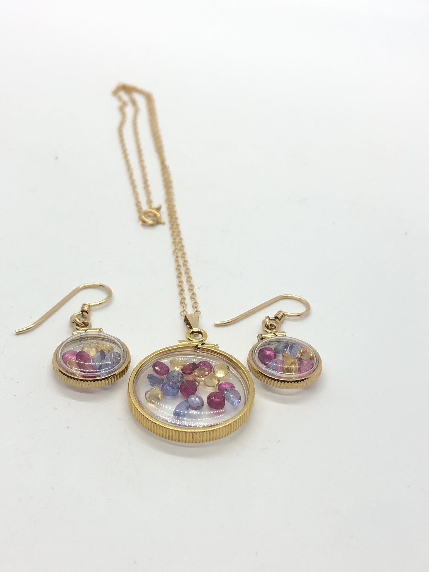 14k gold filled handmade Ruby, Tanzanite, Citrine Shaker Locket and shaker locket earring Set, candy
