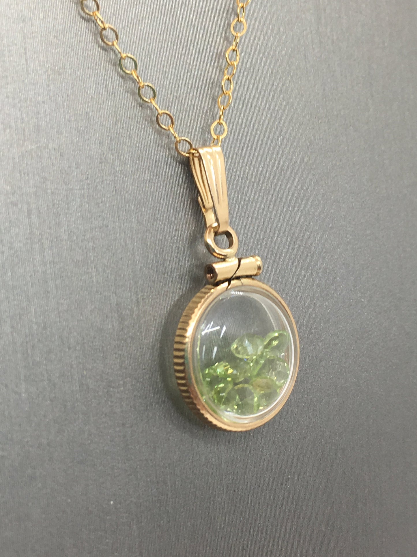 Diminutive Handmade Peridot Shaker Locket 14k gold filled or Silver with beautiful August Birthstone, .9 TCW