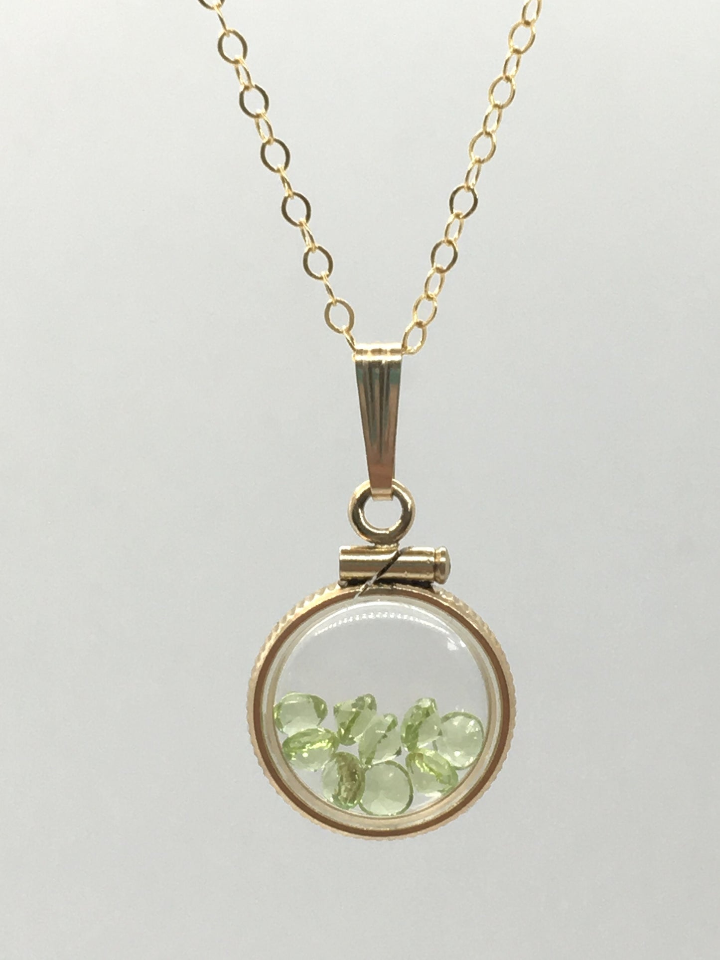Diminutive Handmade Peridot Shaker Locket 14k gold filled or Silver with beautiful August Birthstone, .9 TCW