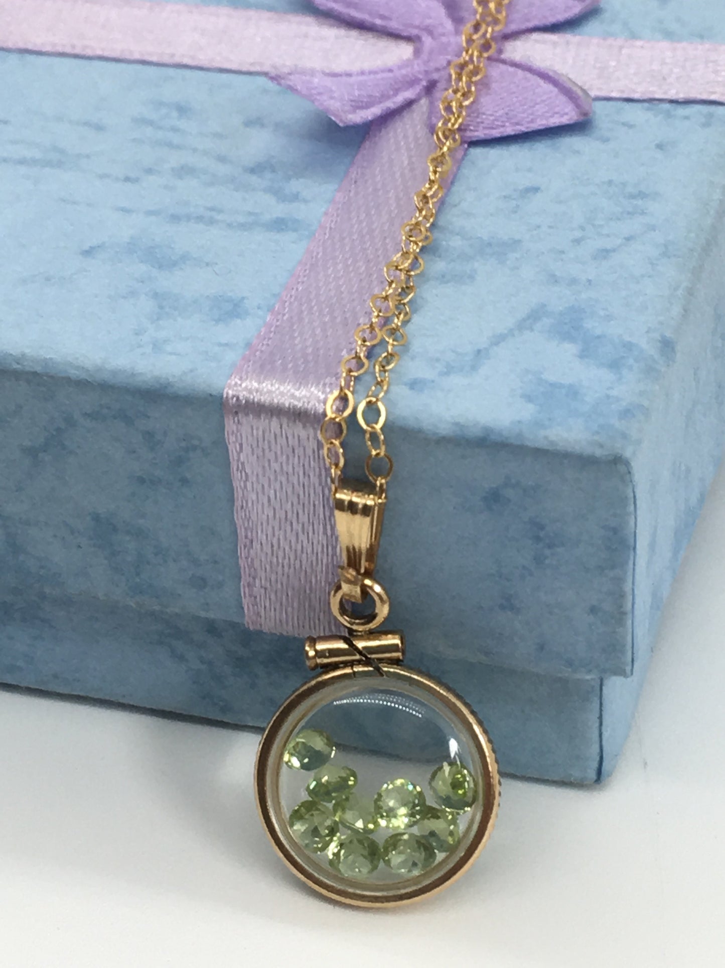 Diminutive Handmade Peridot Shaker Locket 14k gold filled or Silver with beautiful August Birthstone, .9 TCW