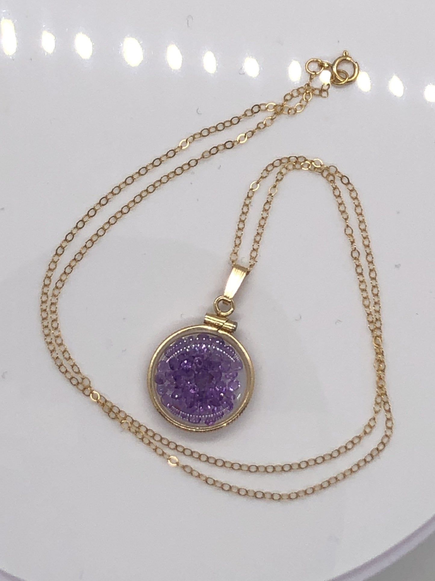 Handmade Dime sized Amethyst shaker locket,gold filled locket, 2.5 TCW, February birthstone.