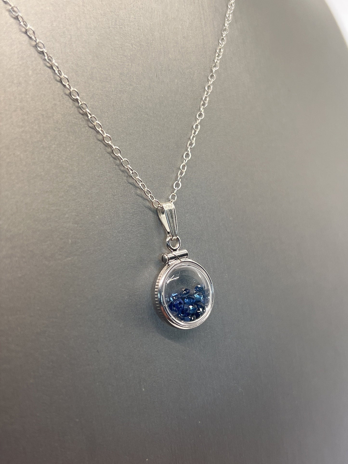 Handmade Diminutive Sterling Silver Sapphire Shaker Locket Lucite View Locket, Necklace, Beautiful September Birthstone. 1.4 TCW