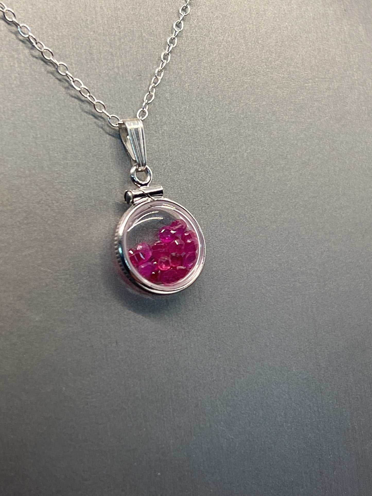 Handmade Diminutive Sterling Silver Ruby Shaker Locket Lucite View Locket, Necklace, Beautiful JULY Birthstone. 1.65 TCW round cut rubies