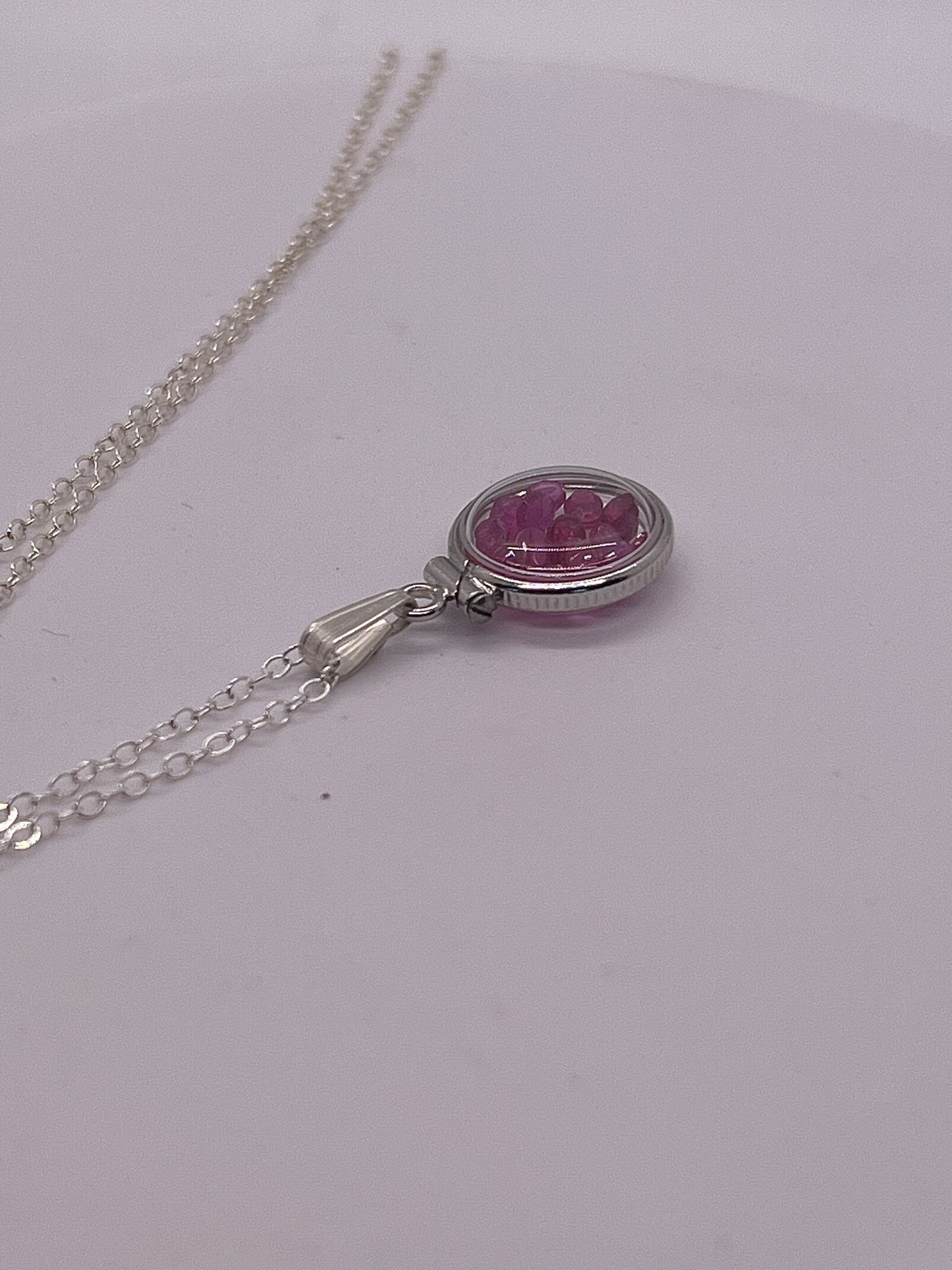 Handmade Diminutive Sterling Silver Ruby Shaker Locket Lucite View Locket, Necklace, Beautiful JULY Birthstone. 1.65 TCW round cut rubies