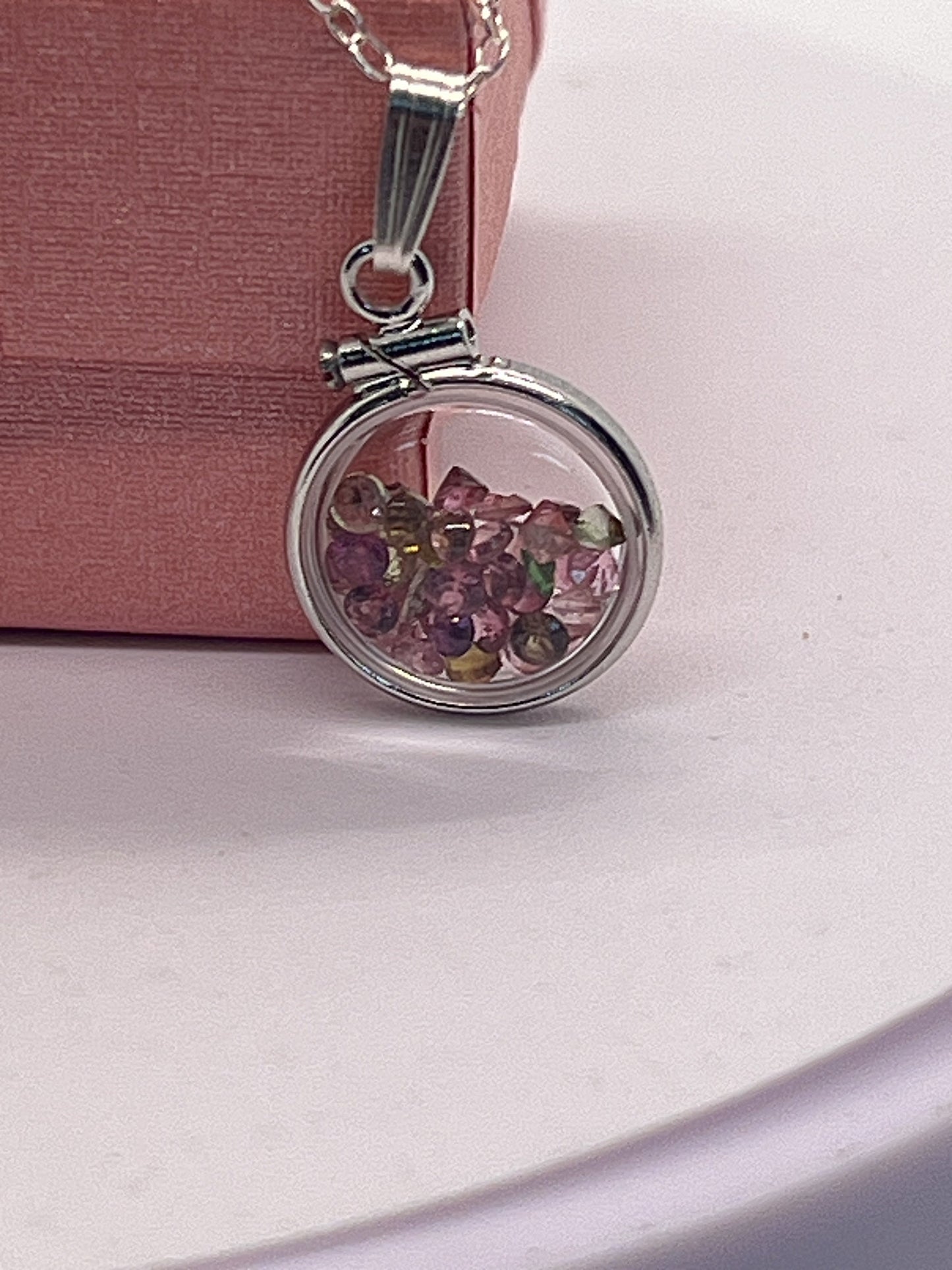 Handmade Diminutive Sterling Silver Multicolor Tourmaline Shaker Locket Lucite View Locket, Necklace, Beautiful October Birthstone. 1.4 TCW