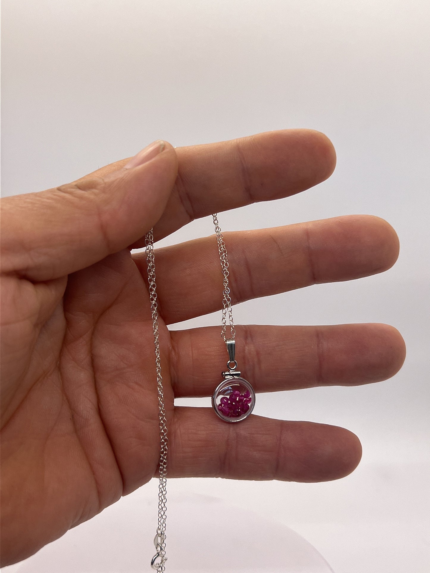 Handmade Diminutive Sterling Silver Ruby Shaker Locket Lucite View Locket, Necklace, Beautiful JULY Birthstone. 1.65 TCW round cut rubies
