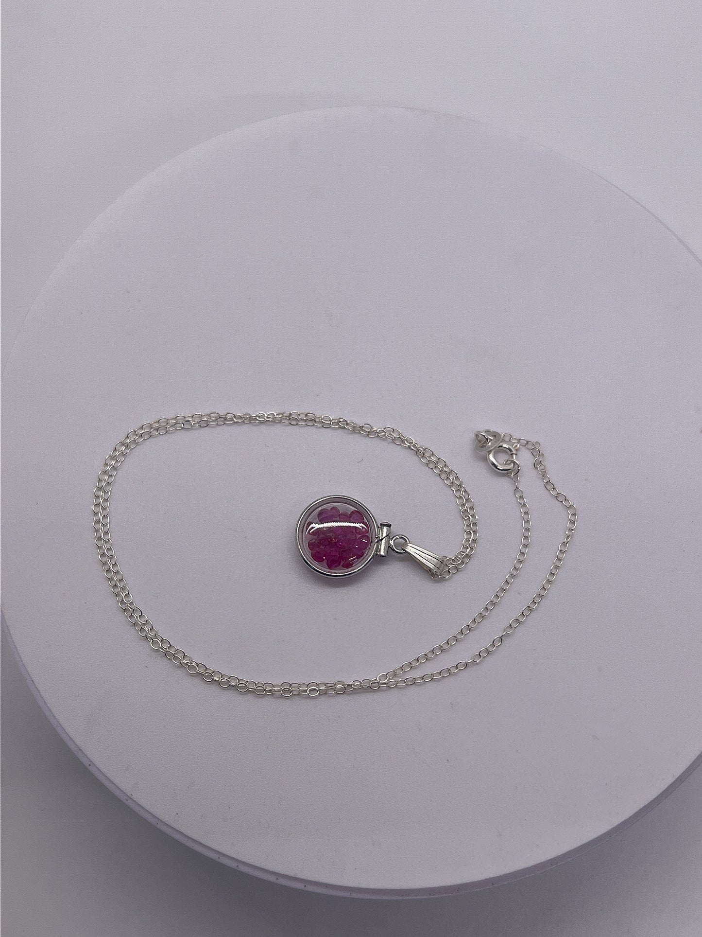 Handmade Diminutive Sterling Silver Ruby Shaker Locket Lucite View Locket, Necklace, Beautiful JULY Birthstone. 1.65 TCW round cut rubies