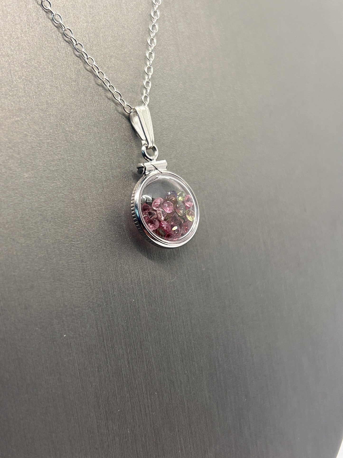 Handmade Diminutive Sterling Silver Multicolor Tourmaline Shaker Locket Lucite View Locket, Necklace, Beautiful October Birthstone. 1.4 TCW