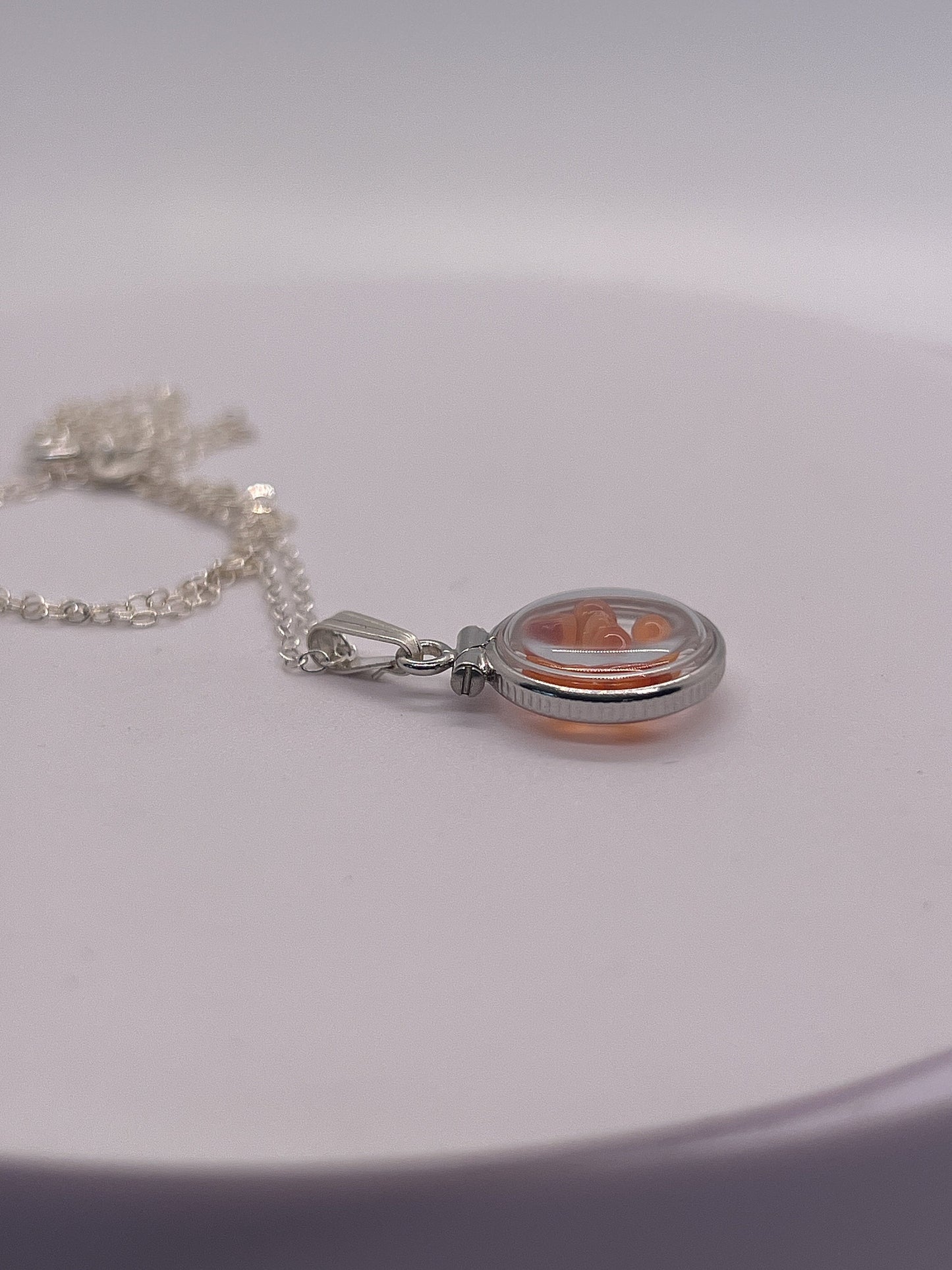 Handmade Diminutive Sterling Silver Carnelian Shaker Locket Lucite View Locket, Necklace, Beautiful natural orange cabochons. 1.25 TCW