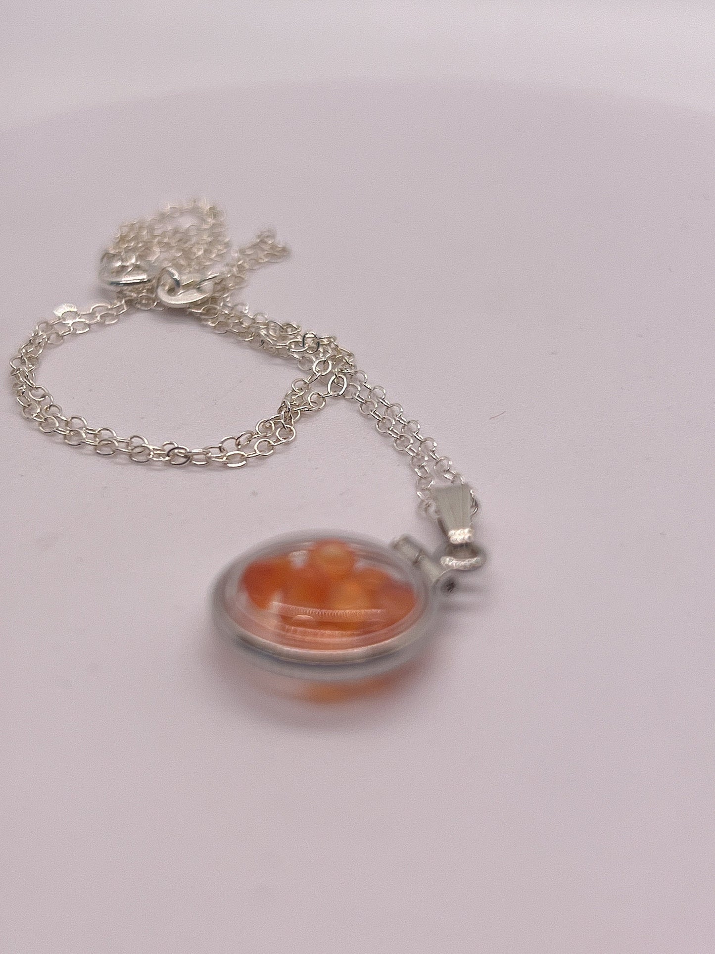 Handmade Diminutive Sterling Silver Carnelian Shaker Locket Lucite View Locket, Necklace, Beautiful natural orange cabochons. 1.25 TCW