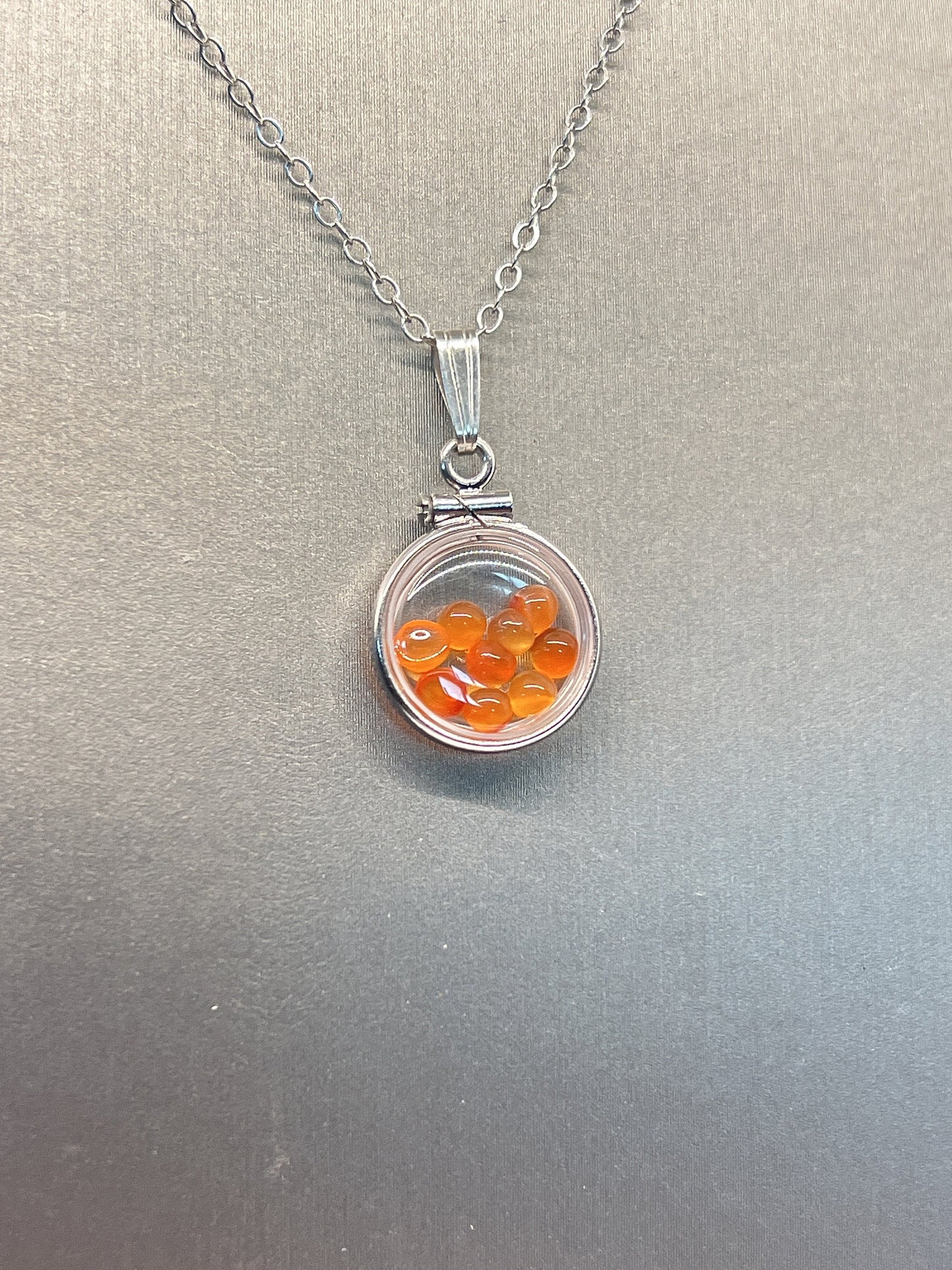 Handmade Diminutive Sterling Silver Carnelian Shaker Locket Lucite View Locket, Necklace, Beautiful natural orange cabochons. 1.25 TCW