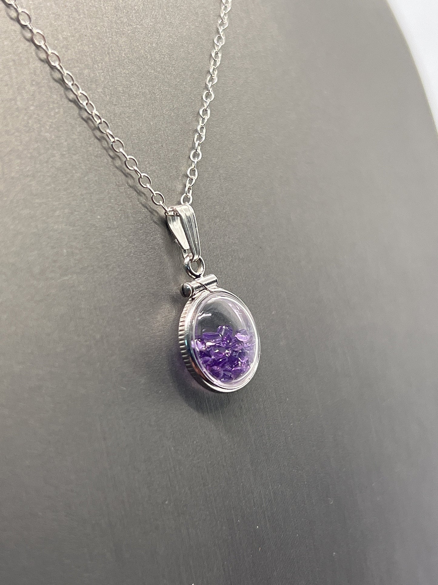 Handmade Diminutive Sterling Silver Amethyst Shaker Locket Lucite View Locket, Necklace, Beautiful February Birthstone. 1.2 TCW