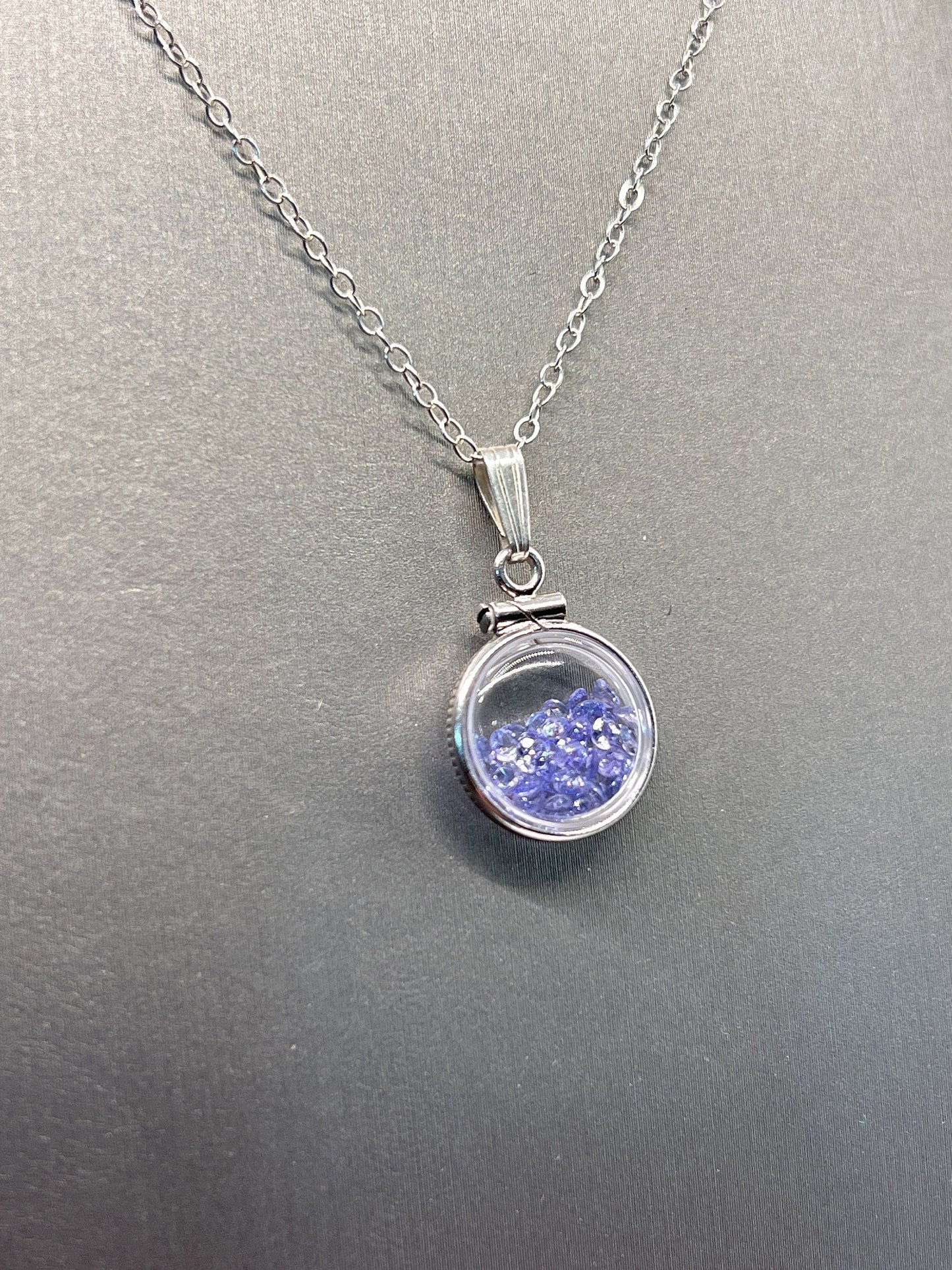 Handmade Diminutive Sterling Silver Tanzanite Shaker Locket Lucite View Locket, Necklace, with beautiful December Birthstone, I.6 TCW gems