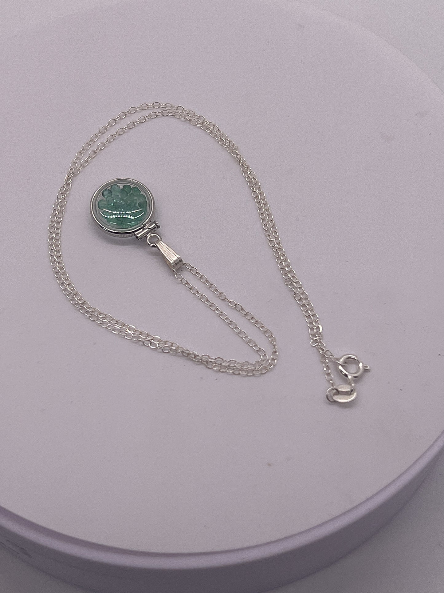 Handmade Diminutive Sterling Silver Emerald Shaker Locket Lucite View Locket, Necklace, Beautiful May Birthstone. 1.4 TCW