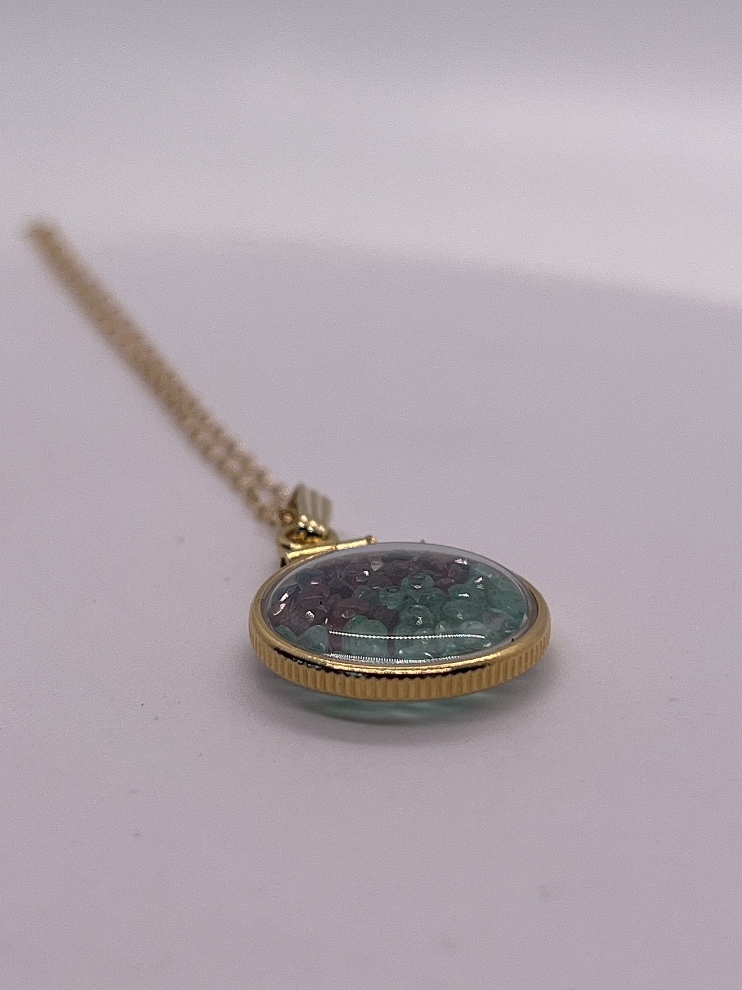 Solid 14k Gold Lucite Handmade 4.4 TCW mix of garnet, emerald, sapphire Shaker Locket. Round cut Colorful gems. Artistic Series- beautiful