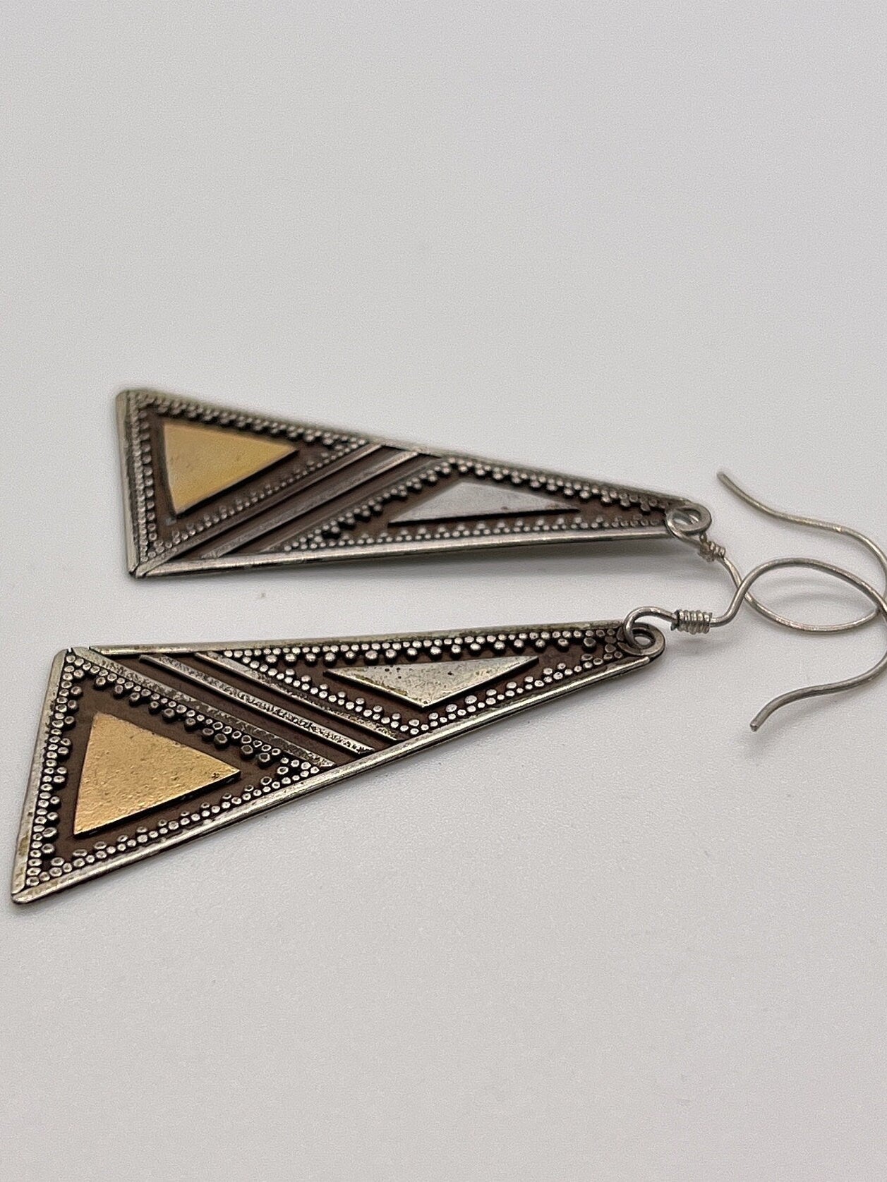 Vintage Hand made Indonesian Sterling Silver with Gold Wash Earrings, Large, new old stock, Ornate, French hook