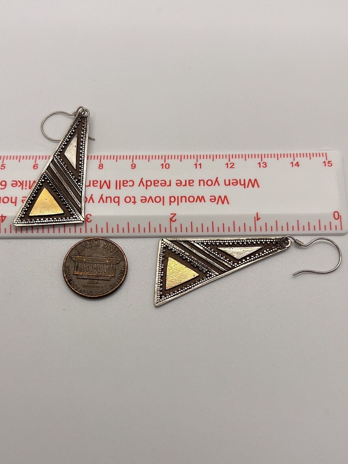Vintage Hand made Indonesian Sterling Silver with Gold Wash Earrings, Large, new old stock, Ornate, French hook