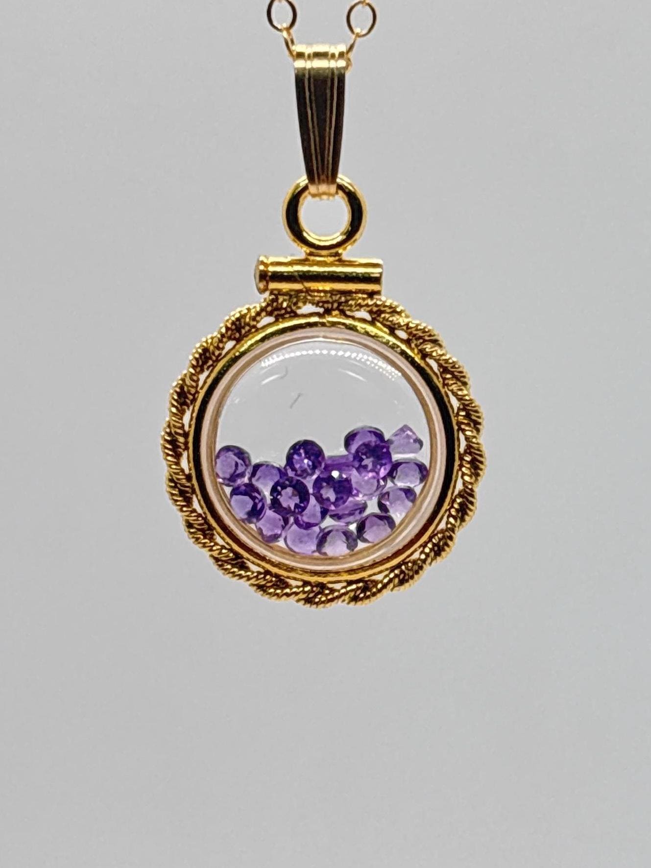 Handmade 12.5 mm 14k gold filled Genuine Gemstone Shaker Locket with twisted Rope edge bezel, 0.75 cttw. Amethyst, February Birthstone