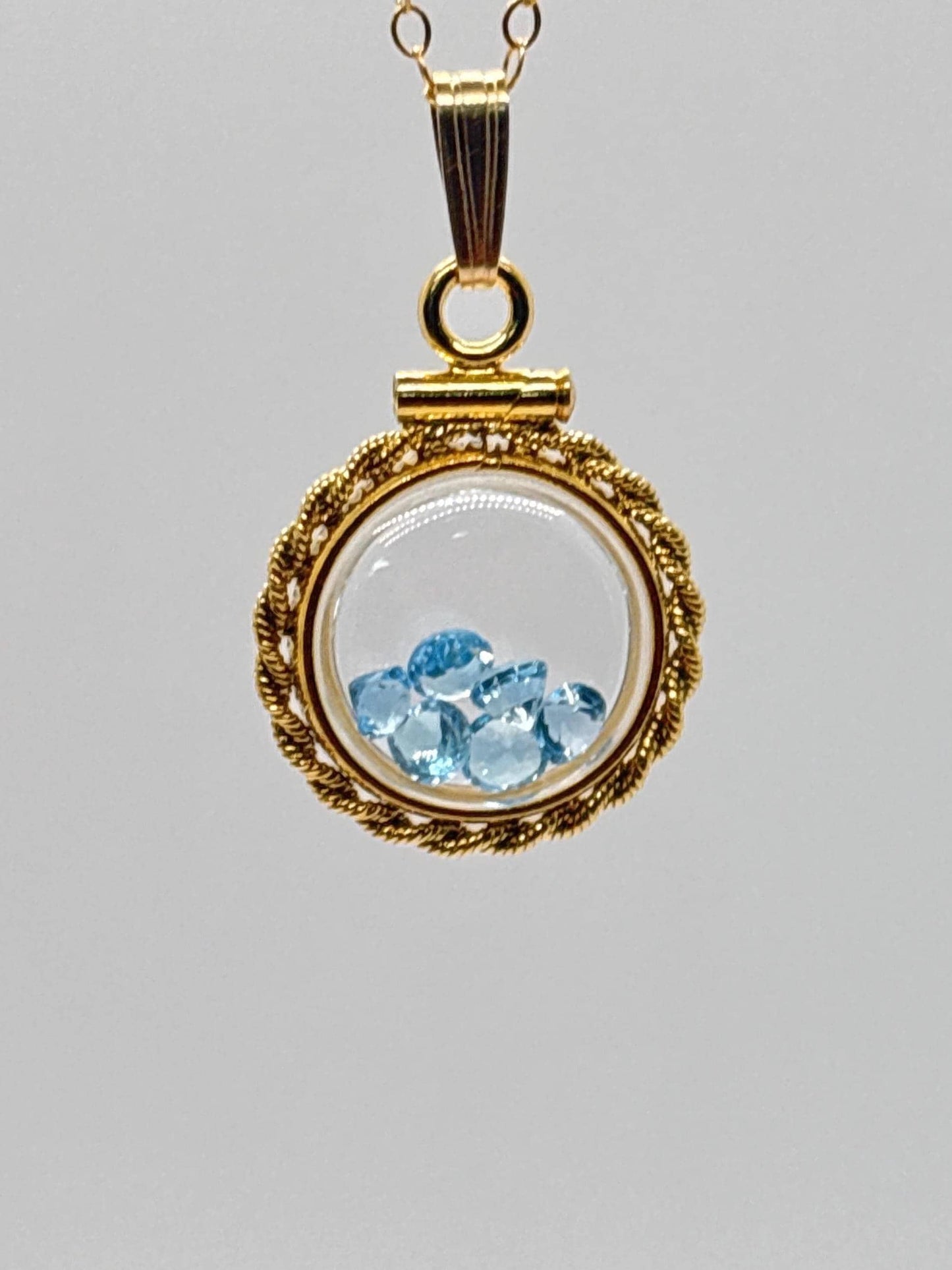 Handmade 12.5 mm 14k gold filled Gemstone Shaker Locket with twisted Rope edge bezel, 0.75 cttw. London Blue Topaz, December Birthstone